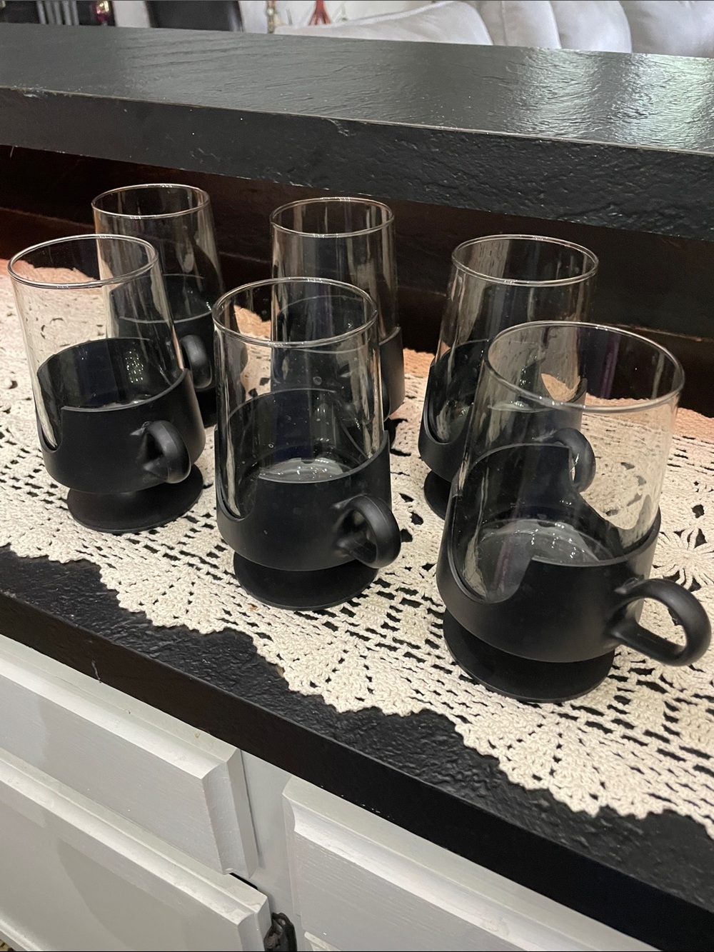 Pyrex/Corning Black Glass Coffee Mugs with Matte Black Base Set of 6